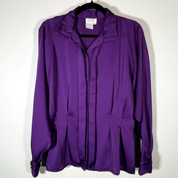 Vintage TESS - Purple Silky Flowy Blouse Button Front Long Sleeve - Size 14 - Picture 1 of 5